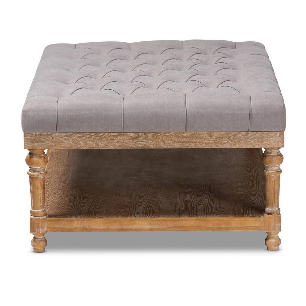 Lindsey Grey Linen and Greywashed Wood Tufted Cocktail Ottoman