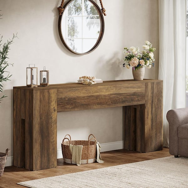 Turrella 71 in. Rustic Brown Rectangle Wood Console Table with Thick Legs, Farmhouse Entryway Table Long Sofa Table