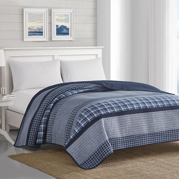 Nautica Adelson 1-Piece Navy Blue Striped and Plaid Cotton Full/Queen Quilt