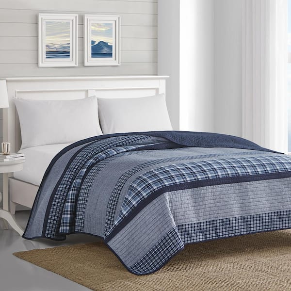 Nautica Adelson 1-Piece Navy Blue Striped and Plaid Cotton Twin Quilt