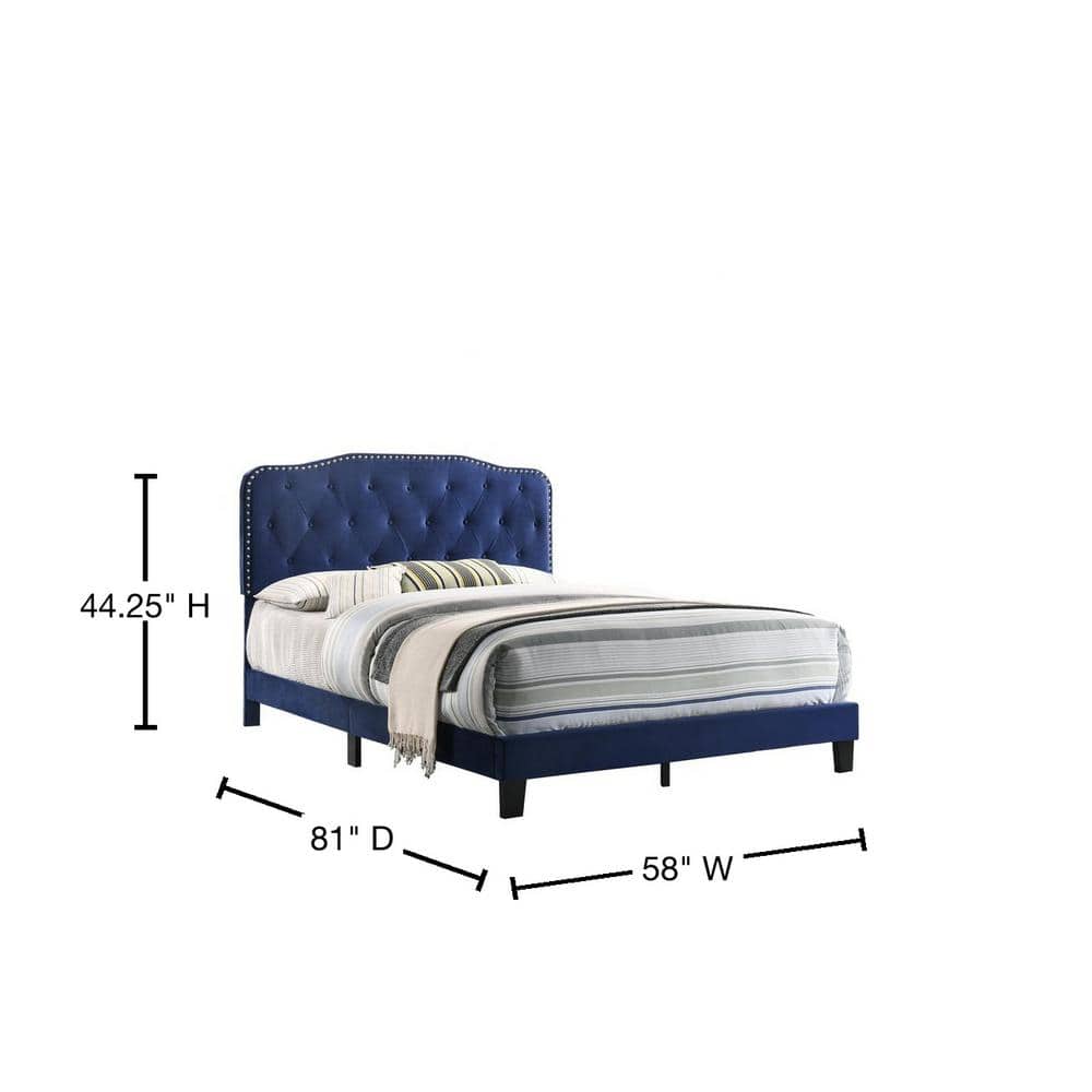 Navy Velvet Full/Double Bed with Silver Nailhead Trim and Tufted Headboard