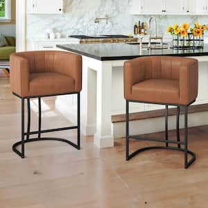 Siska 26 in.Modern Brown Faux Leather Upholstered Counter Stool with Black Metal Frame Barrel Bar Stool Set of 2