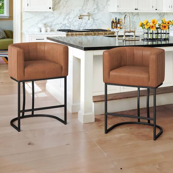 Siska 26 in.Modern Brown Faux Leather Upholstered Counter Stool with Black Metal Frame Barrel Bar Stool Set of 2