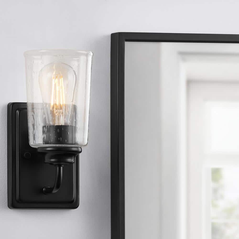 Evangeline 4.5 in. 1-Light Matte Black Indoor Wall Farmhouse Sconce with Clear Seeded Glass Shade price history on PriceWatchPro