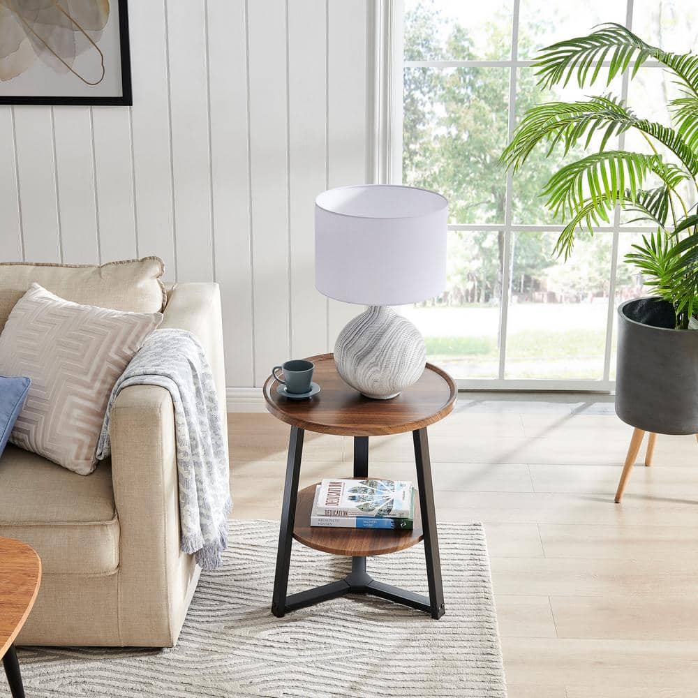 Walnut and Black Round Two-Tier Accent Table with Metal Legs