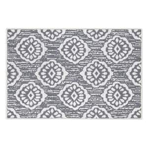 Flower Cotton Gray 2 ft. x 3 ft. Thin Non Slip Indoor Area Rug or Front Door Foyer Rug for Entryway