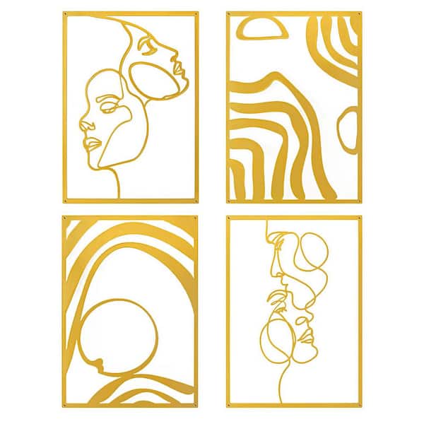 4 Pack 17 in. x 12 in. Gold Metal Work for Living Room Bedroom, Line Abstract Wall Art Decor, Minimalist Wall Sculptures