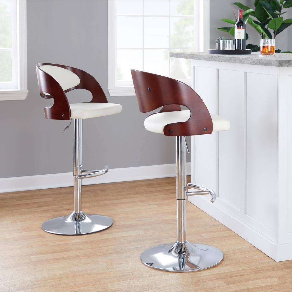 Set of 2 White Faux Leather and Cherry Wood Adjustable Swivel Barstools