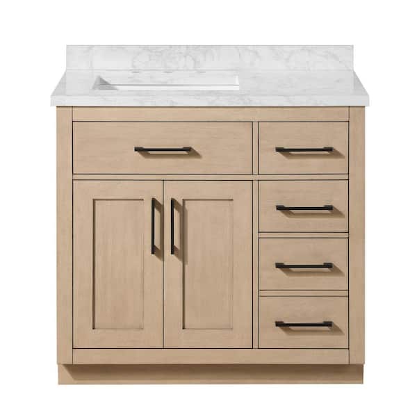 Athea 36 in. Single Sink Sahara Birch Bath Vanity with White Engineered Marble Top, Power Bar and Matte Black Hardware