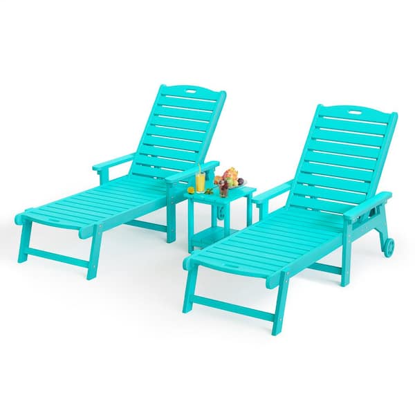Hellen Keller Aruba Blue 3-Piece HDPS Plastic Adjustable Outdoor Patio Reclining Chaise Lounge Chair Set with Side Table