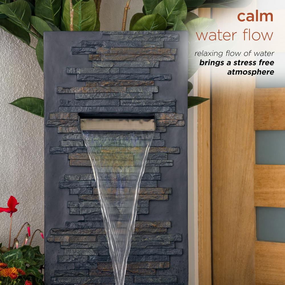 Gray Polystone and Fiberglass Cascading Wall Fountain with LED Lights