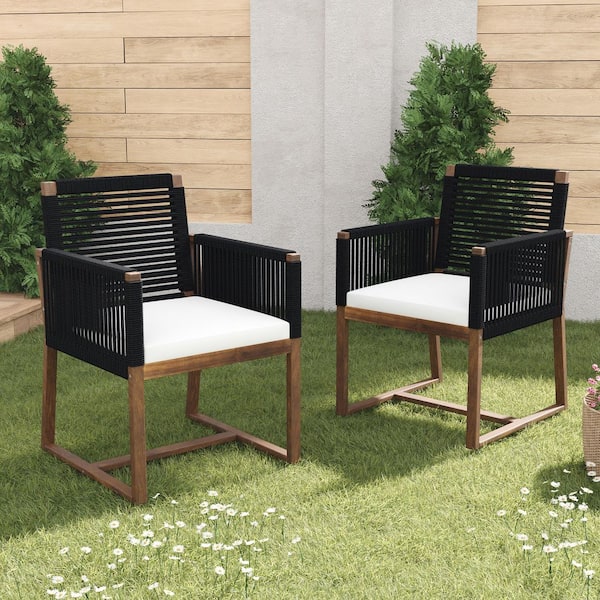 2-Pack Black Wood Outdoor Dining Chair with White Cushions and Rope Design Back