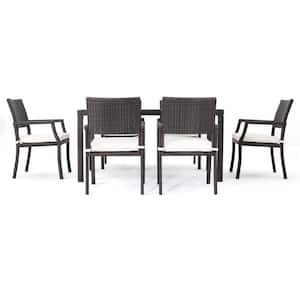 Multi-Brown 7-Piece Faux Rattan Rectangular Outdoor Dining Set with White Cushion
