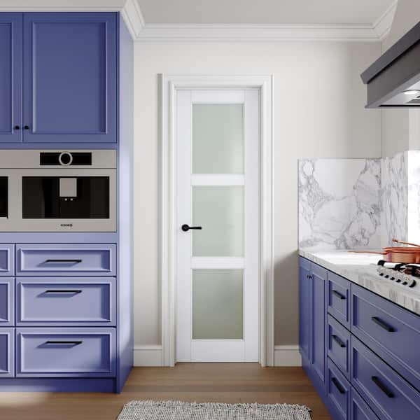 24 in. x 80 in. 3-Lite Frosted Glass Right White Solid Core Wood Single Prehung Interior Door with Quick Assemble Jamb
