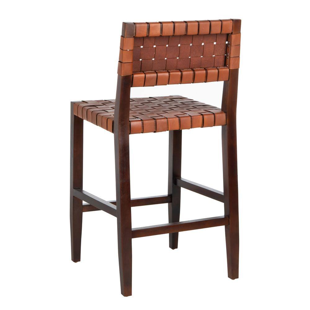Cognac Woven Leather and Walnut Counter Stool