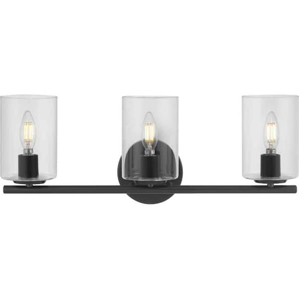Hampton Bay Champlain 22.375 in. 3-Light Matte Black Modern Bathroom Vanity Light with Clear Glass Shades
