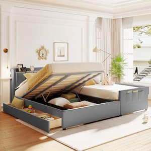 Gray Wood Frame Queen/Twin XL PU Platform Bed, Mother and Child Bed with Hydraulic Storage, 3-Drawers, Sockets USB Ports