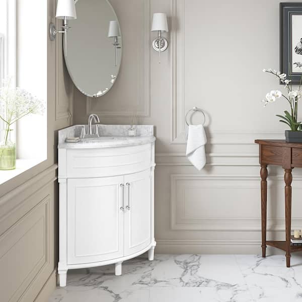 Aberdeen 32 in. Single Sink Freestanding Corner White Bath Vanity with Carrara Marble Top (Assembled) Aberdeen 32 in. Single Sink Freestanding Corner White Bath Vanity with Carrara Marble Top (Assembled)