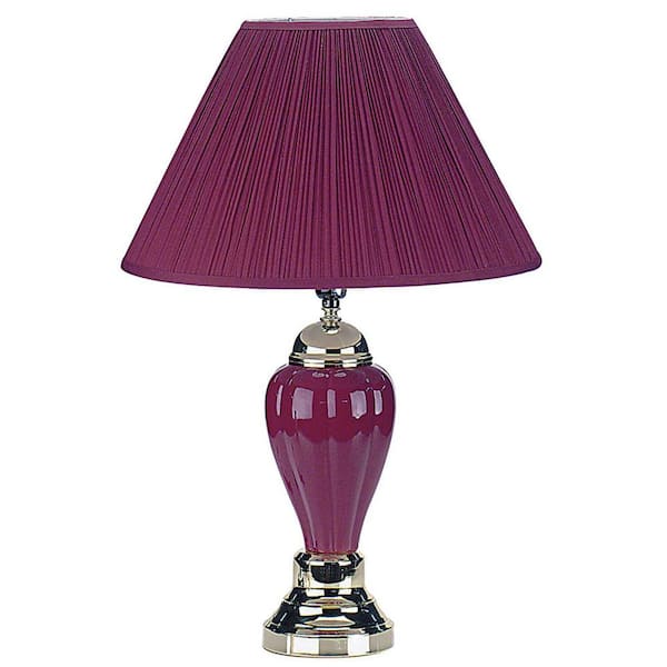 HomeRoots 27 in. Silver Gold Ceramic Bedside Table Lamp with Magenta Empire Shade