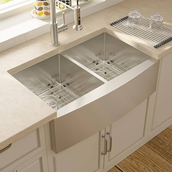 33 in. x 21 in. Farmhouse/Apron-Front Kitchen Sink Double Bowl 50/50, 16-Guage Stainless Steel Sink