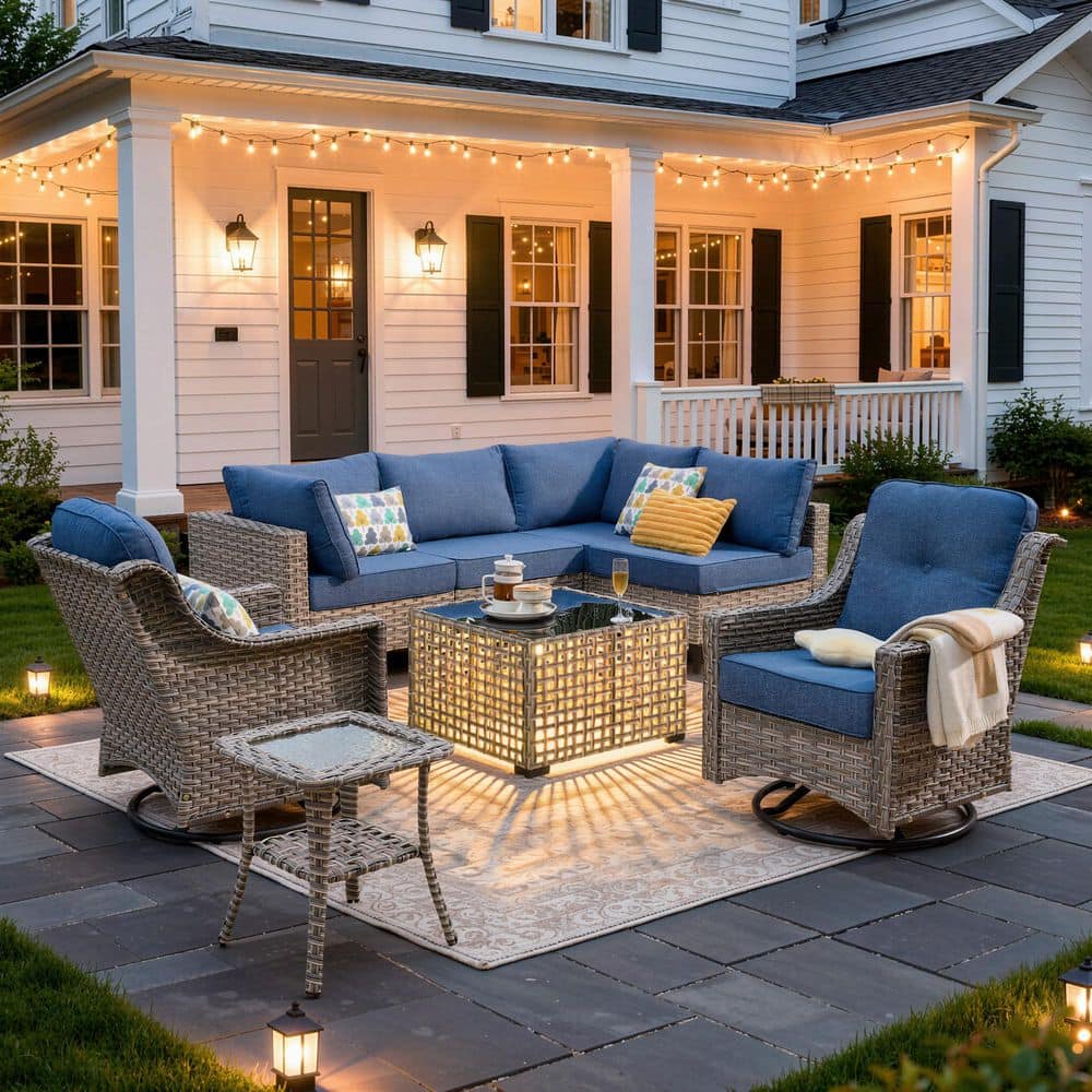 8-Piece Gray Wicker Outdoor Sectional Sofa Patio Conversation Set with Denim Blue Cushions and Swivel Chairs price history on PriceWatchPro