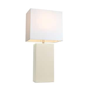 21 in. Modern White Leather Table Lamp with White Fabric Shade