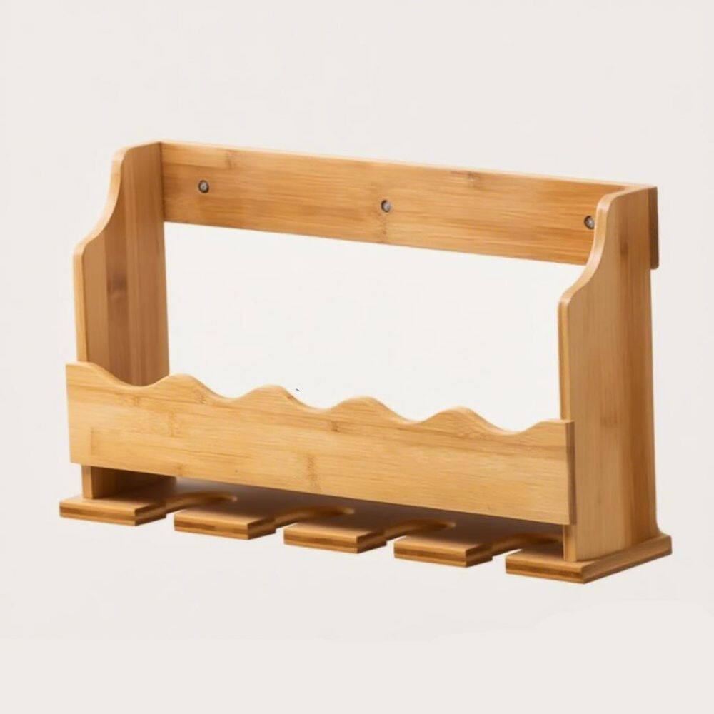 5-Bottle Beige Wall-mounted Wine Rack with Wine Glass Holder, Wall Storage Shelves for Kitchen, Pantry, Cellar, Bar
