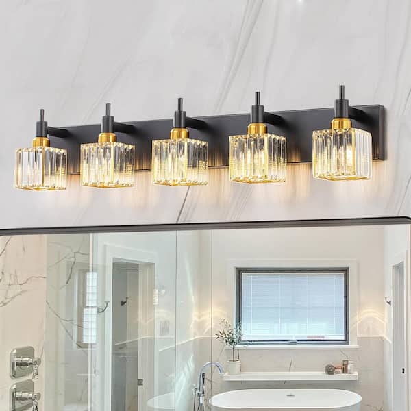 EDISLIVE Orillia 35.4 in. 5-Light Modern Black Gold Bathroom Vanity Light with Crystal Shades