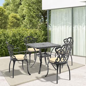 Lily Black 5-Piece Cast Aluminum Outdoor Dining Set with Square Table and Dining Chairs with Random Color Cushion