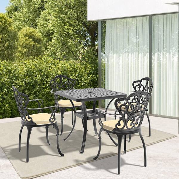 Willit Lily Black 5-Piece Cast Aluminum Outdoor Dining Set with Square Table and Dining Chairs with Random Color Cushion
