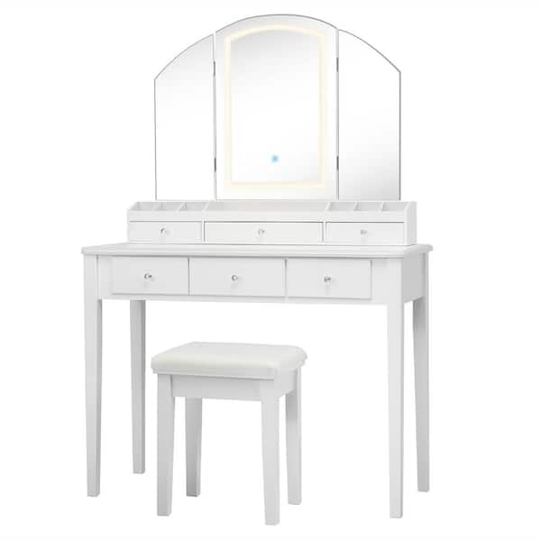 Dressing Table Set Grey Padded Dresser Stool Fabric Adjustable Mirror & Drawer 