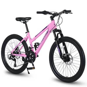 24 in. Wheels Mountain Bike Carbon Steel Frame Disc Brakes Thumb Shifter Front Fork Bicycles, Pink