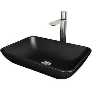 Matte Shell Sottile Glass Rectangular Vessel Bathroom Sink in Black with Faucet and Pop-Up Drain in Brushed Nickel