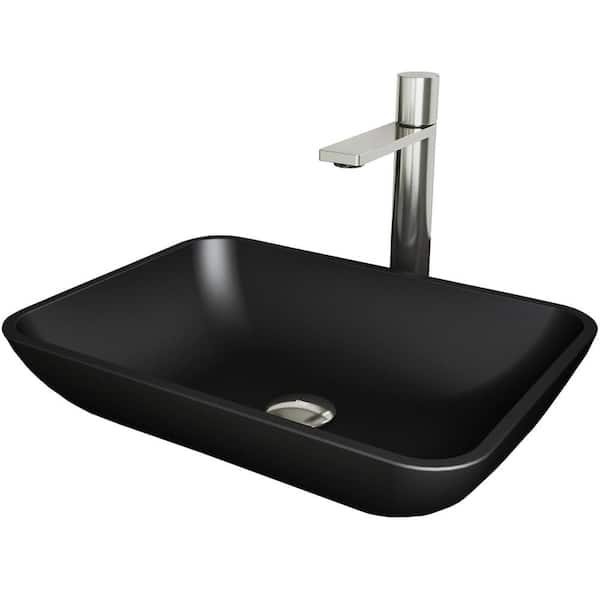 VIGO Matte Shell Sottile Glass Rectangular Vessel Bathroom Sink in Black with Faucet and Pop-Up Drain in Brushed Nickel