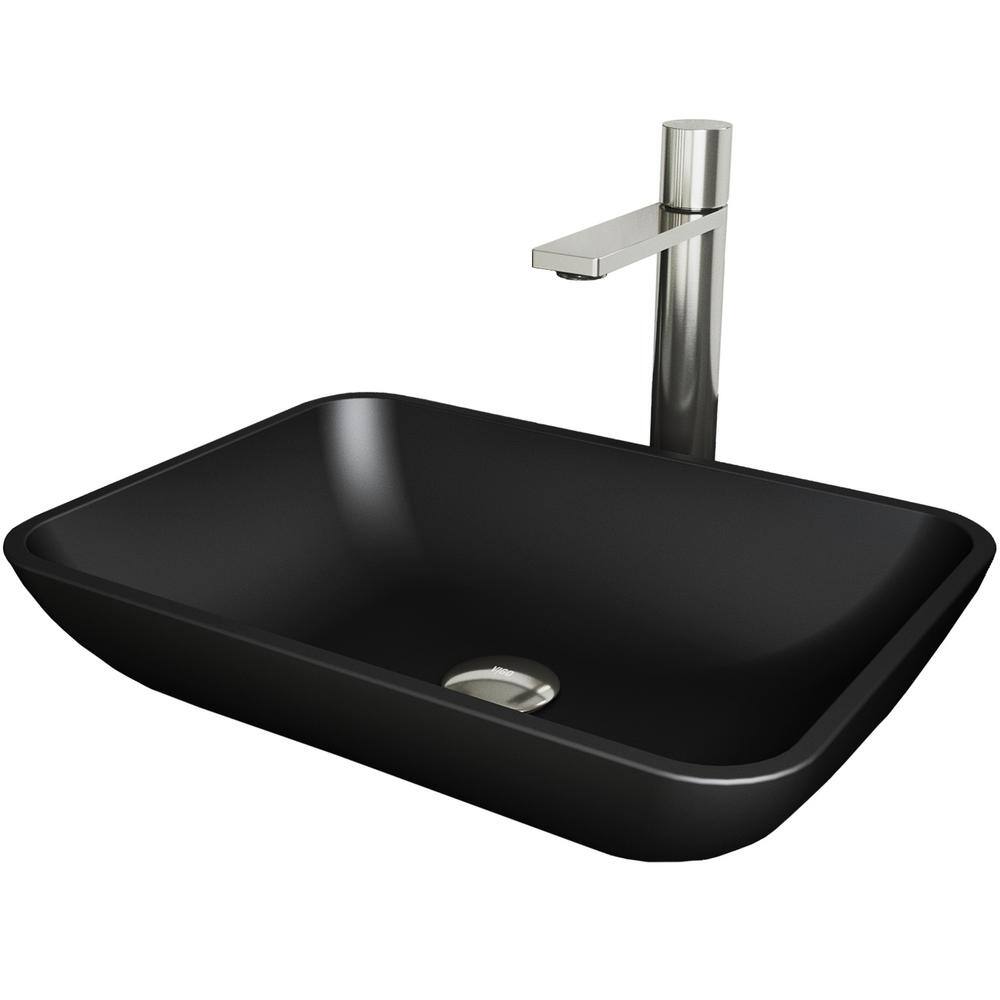 Matte Black Rectangular Glass Vessel Sink with Brushed Nickel Faucet