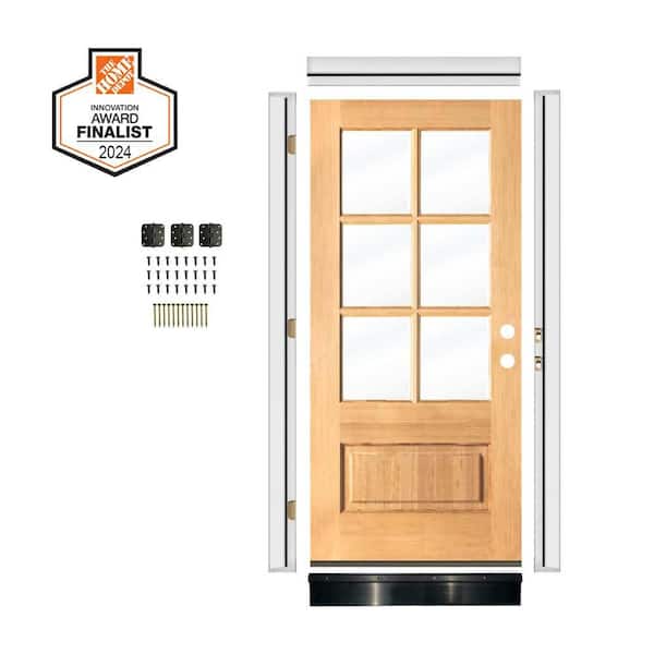 DIY RTA KIT 36in.x80in. Farmhouse Left-Handed 6-Lite Clear Glass Clear Stain Hemlock Wood Ready To Assemble Front Door