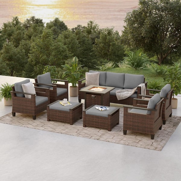 Sonkuki 8 Pieces Brown Wicker Gray Cushion Patio Conversation Set with Square Firepit Table and Ottomans