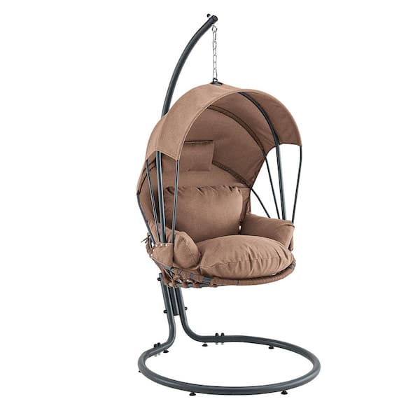 Barton Black Plastic Patio Swing Hanging Egg Steel Swing Chair with UV Resistant Brown Polyester Fabric Canopy Cover