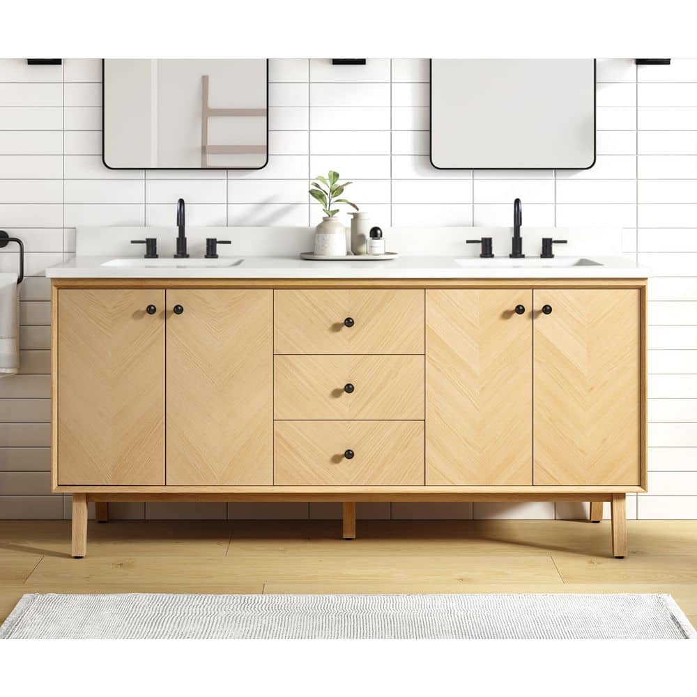 Adele 73 in. Double Sink Natural Oak Bath Vanity with White Engineered Stone Top price history on PriceWatchPro
