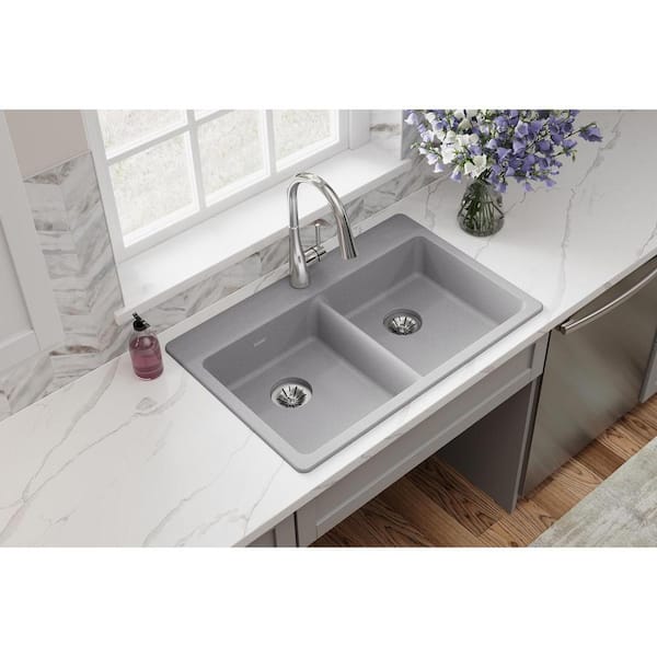 Quartz Classic 33 in. Drop-in Double Bowl Greystone Granite/Quartz Composite Kitchen ADA Sink w/ Accessories
