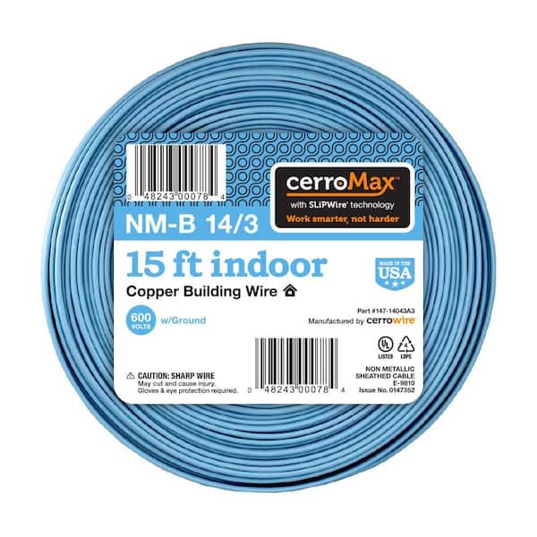 15 ft. 14/3 Light Blue Solid CerroMax SLiPWire Copper NM-B Wire