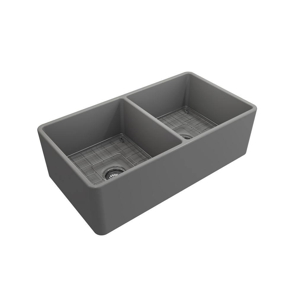 Matte Gray Fireclay Double Bowl Farmhouse Kitchen Sink