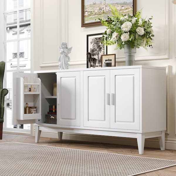 White Wood 60 in. 4-Door Sideboard with Door Shelf, Two Storage Cabinets, Adjustable Shelves