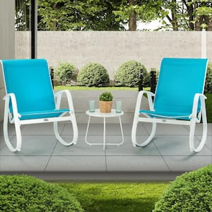 Aluminum Outdoor Rocking Chair with 2 Breathable Mesh Fabric Seat White Frame Rocking Chairs and 1 coffee table