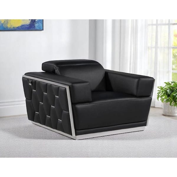 Black Italian Leather Wood Club Chair