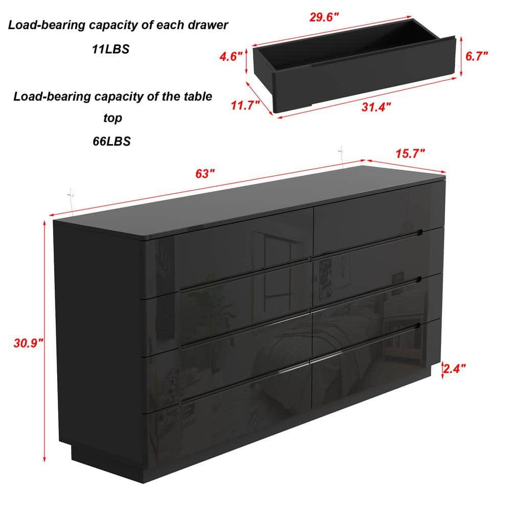 Black High Gloss 63" Double Dresser with LED Lights