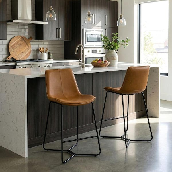 Amery 25.75 in. Cappuccino Iron Frame Vintage Faux Leather Counter Stool (Set of 2)