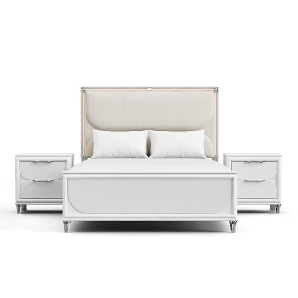 Glosan 3-Piece Pearl White Wood Frame Full Platform Bedroom Set with LED on Headboard and Mirror, Hidden Jewelry Drawers
