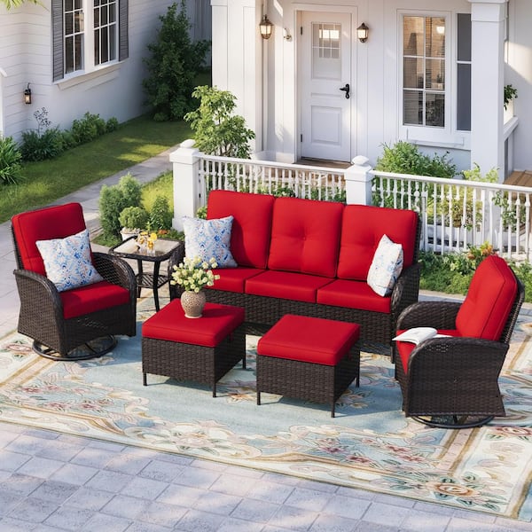 6-Piece Deep Brown Wicker Outdoor Patio Conversation Set Deep Seating Set with Red Cushions