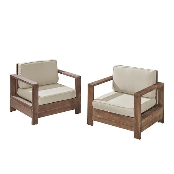 Noble House Devon Brushed Brown Wood Outdoor Lounge Chairs with Light Beige Cushions (2-Pack)